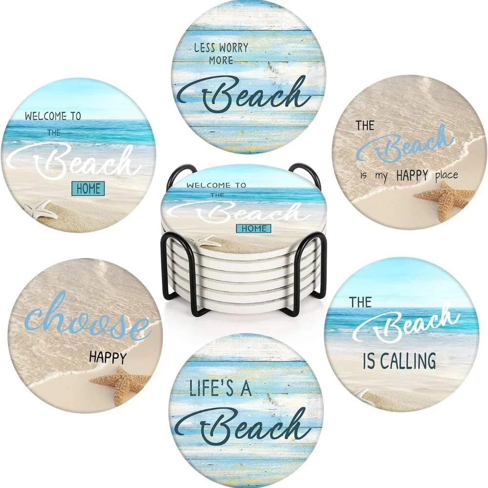 Coaster for Drinks Set of 6, Beach Shell Antique Teal Blue Table Absorbent Round